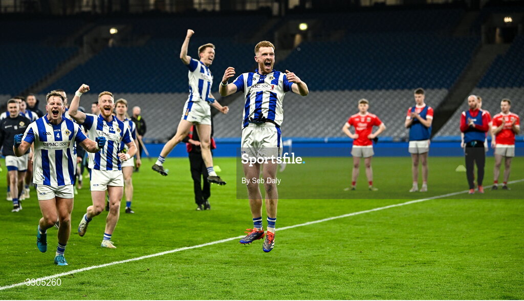 6 December 2025; Ryan O’Dwyer of Ballyboden St Enda’s, right, and teammates celebrate after their side's victory in the AIB Leinster GAA Football Senior Club Championship final match between Athy of Kildare and Ballyboden St Enda's of Dublin at Croke Park in Dublin. Photo by Seb Daly/Sportsfile