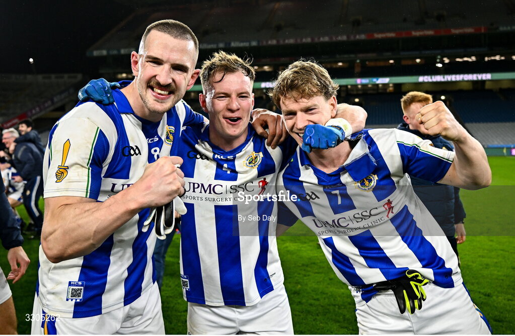 6 December 2025; Ballyboden St Enda's players, from left, Céin D’Arcy, Peter Healy and Patrick Warren celebrate after their side's victory in the AIB Leinster GAA Football Senior Club Championship final match between Athy of Kildare and Ballyboden St Enda's of Dublin at Croke Park in Dublin. Photo by Seb Daly/Sportsfile