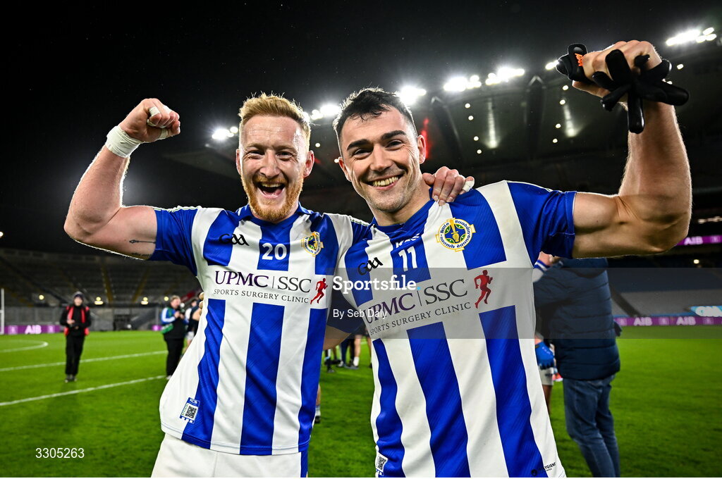 6 December 2025; Ballyboden St Enda's players Darren O’Reilly, left, and Colm Basquel celebrate after their side's victory in the AIB Leinster GAA Football Senior Club Championship final match between Athy of Kildare and Ballyboden St Enda's of Dublin at Croke Park in Dublin. Photo by Seb Daly/Sportsfile