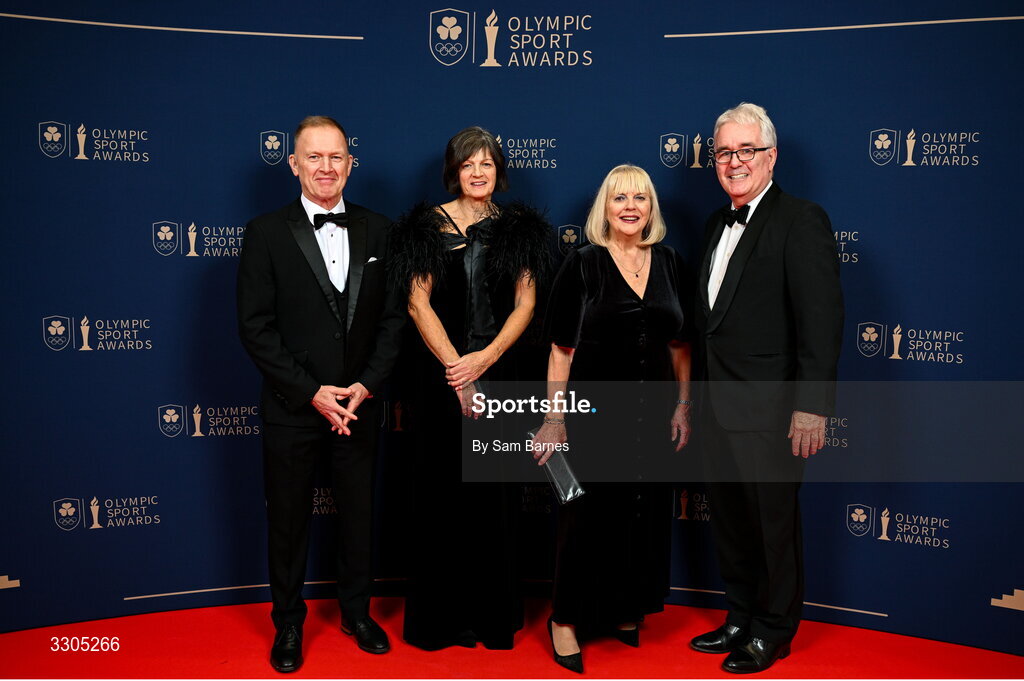 6 December 2025; Geoff Burns, Carolyn Burns, Daughter of President’s Award nominee Maeve Kyle, Shauna Kyle, and Clem Lee during the Team Ireland Olympic Sport Awards 2025 at The Royal Convention Centre in Dublin. Photo by Sam Barnes/Sportsfile