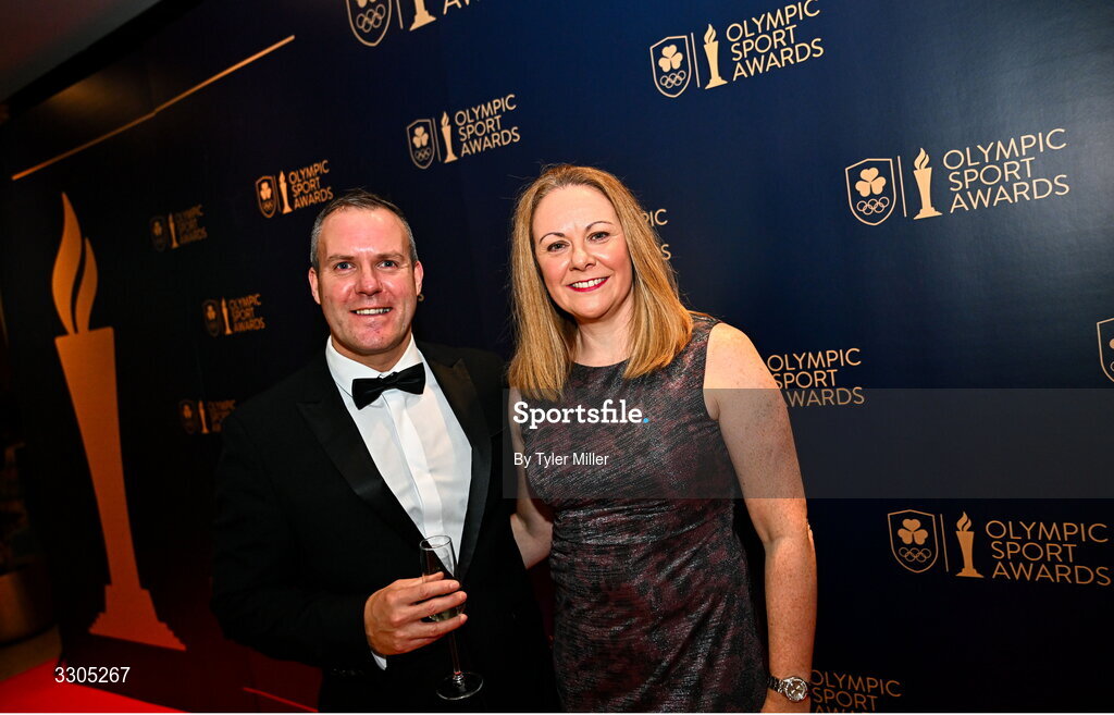 6 December 2025; Keith McCarthy and Ciara Sheehy during the Team Ireland Olympic Sport Awards 2025 at The Royal Convention Centre in Dublin. Photo by Tyler Miller/Sportsfile