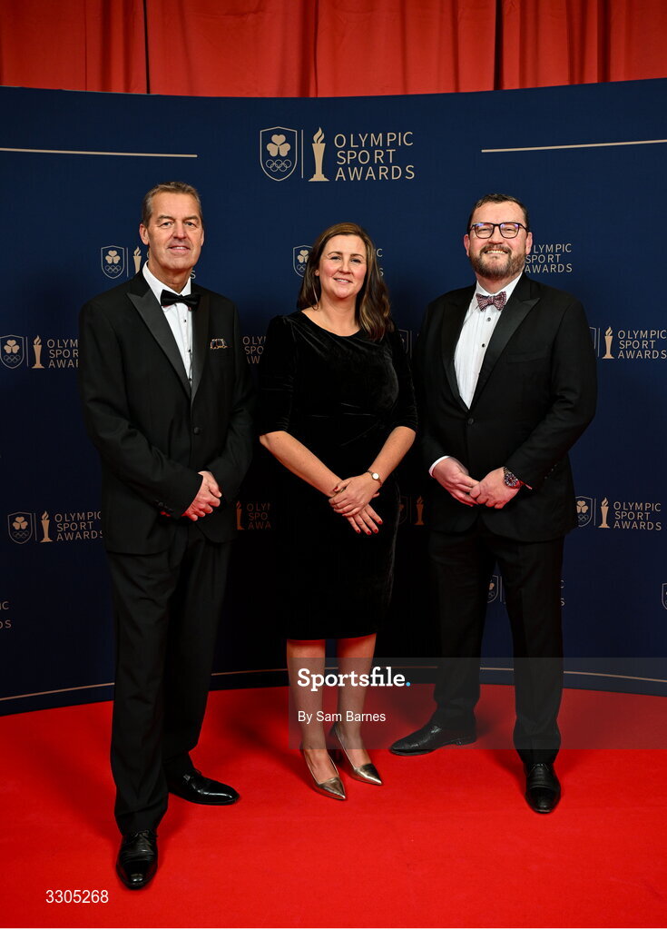 6 December 2025; Cricket Connects Summer Camp representatives and nominese for Community Impact Award, sponsored by SPAR/EUROSPAR, Brian MacNeice, Elaine Nolan and Michael Humphreys during the Team Ireland Olympic Sport Awards 2025 at The Royal Convention Centre in Dublin. Photo by Sam Barnes/Sportsfile