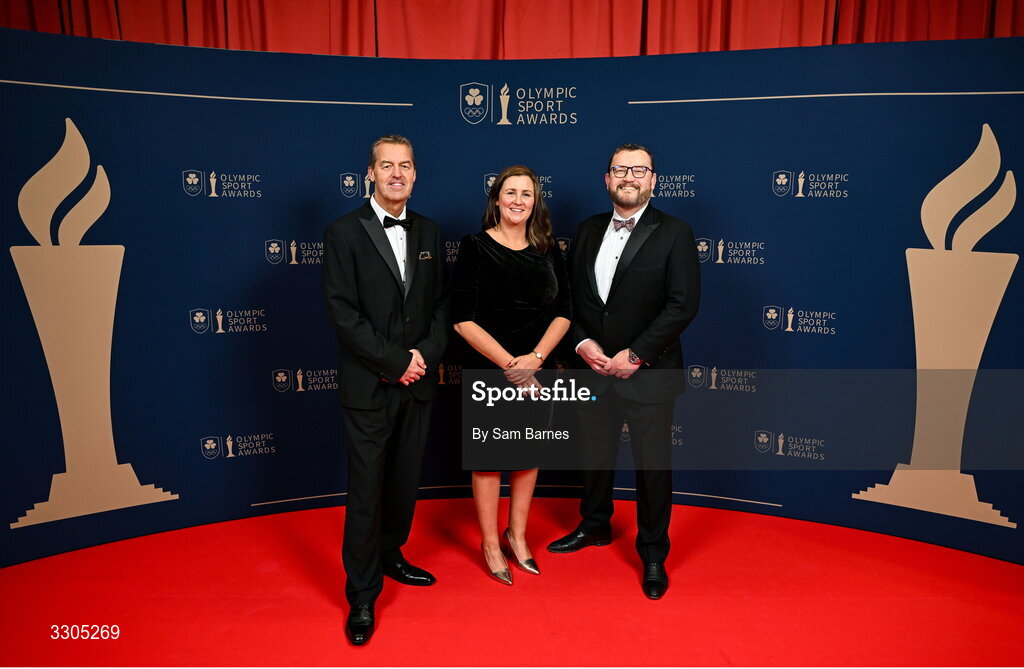 6 December 2025; Cricket Connects Summer Camp representatives and nominese for Community Impact Award, sponsored by SPAR/EUROSPAR, Brian MacNeice, Elaine Nolan and Michael Humphreys during the Team Ireland Olympic Sport Awards 2025 at The Royal Convention Centre in Dublin. Photo by Sam Barnes/Sportsfile