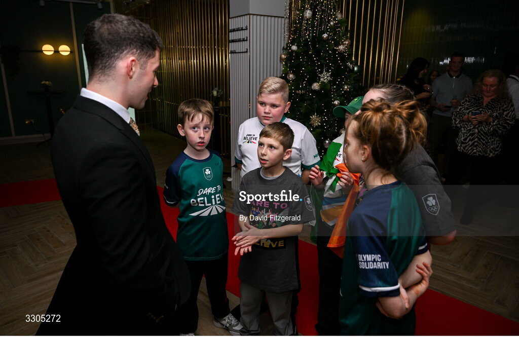 6 December 2025; Olympic Champion Rhys McClenaghan, left, meets members of Kabin crew during the Team Ireland Olympic Sport Awards 2025 at The Royal Convention Centre in Dublin. Photo by David Fitzgerald/Sportsfile