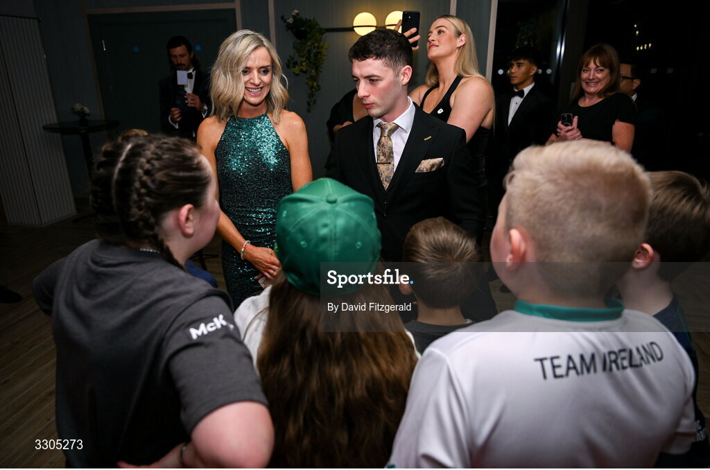 6 December 2025; Olympian Roisin McGettigan, left, and Olympic Champion Rhys McClenaghan meet members of Kabin crew during the Team Ireland Olympic Sport Awards 2025 at The Royal Convention Centre in Dublin. Photo by David Fitzgerald/Sportsfile