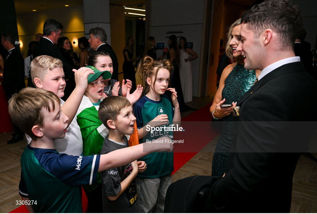 6 December 2025; Olympic Champion Rhys McClenaghan, right, meets members of Kabin crew during the Team Ireland Olympic Sport Awards 2025 at The Royal Convention Centre in Dublin. Photo by David Fitzgerald/Sportsfile
