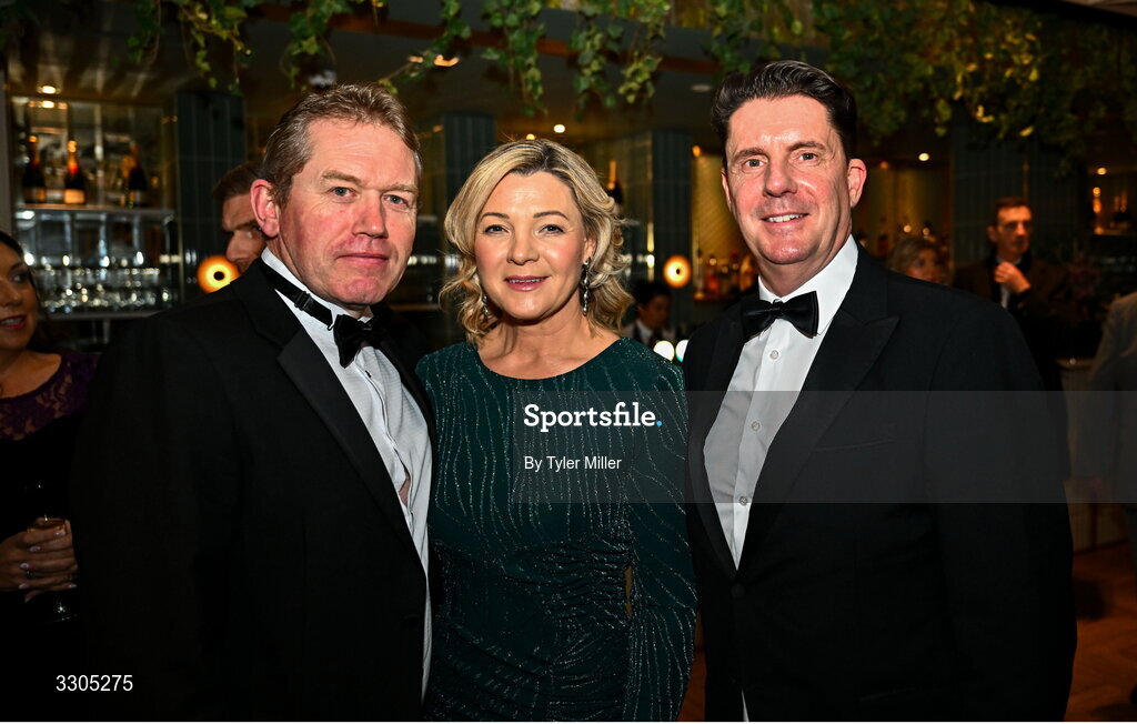 6 December 2025; Frank and Kara Shortt, parents of World Junior Champion in Swimming and nominee for Rising Star, sponsored by Sport Ireland, John Shortt, with swimming coach Frank Breslin during the Team Ireland Olympic Sport Awards 2025 at The Royal Convention Centre in Dublin. Photo by Tyler Miller/Sportsfile