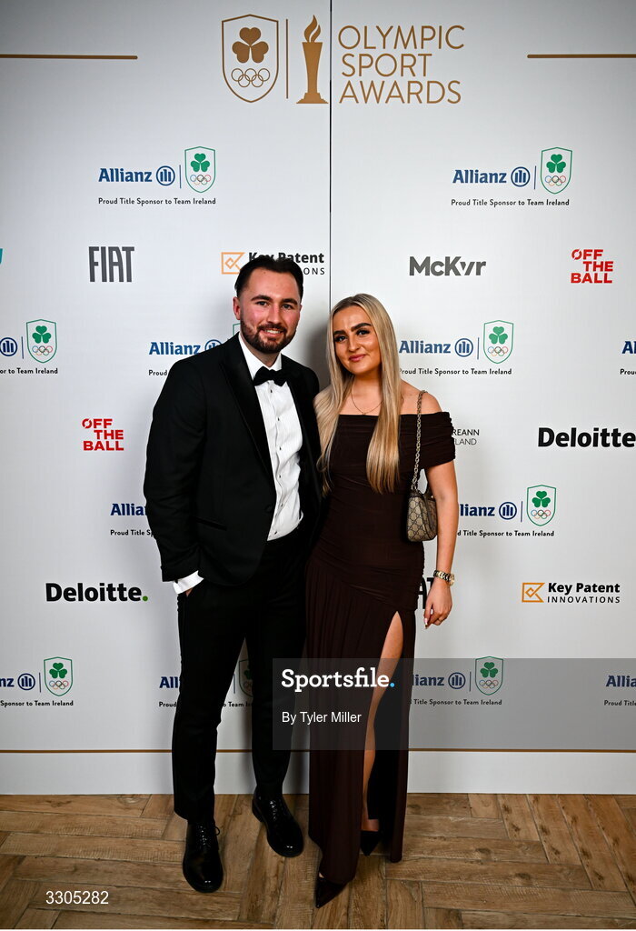 6 December 2025; James Delaney with Rachel Tracey during the Team Ireland Olympic Sport Awards 2025 at The Royal Convention Centre in Dublin. Photo by Tyler Miller/Sportsfile