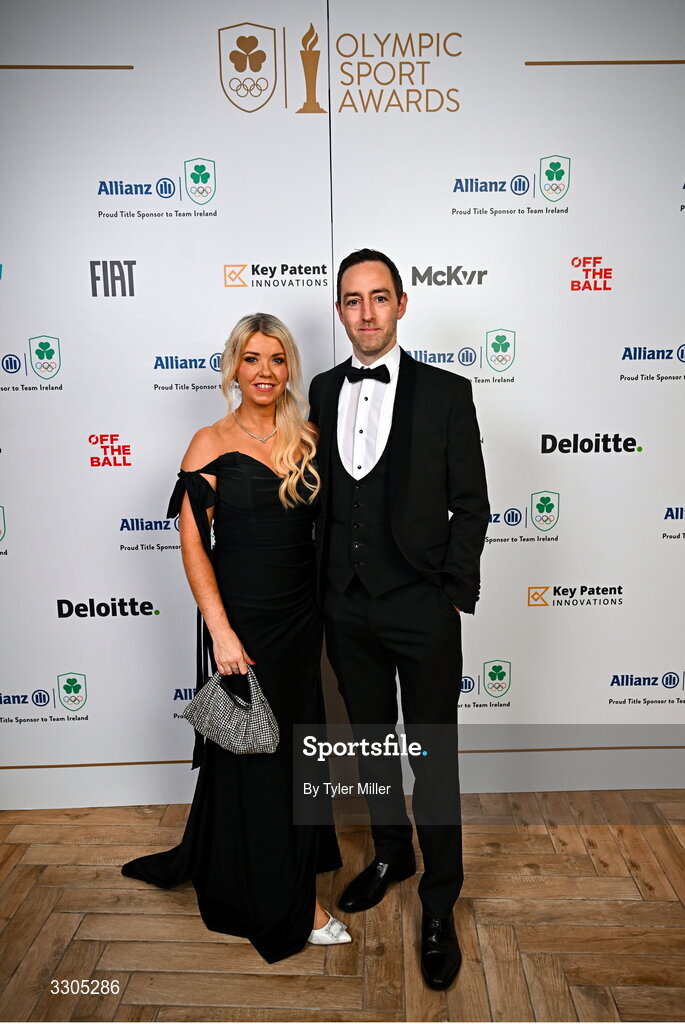 6 December 2025; Anna Keogh with Johnny Finegan during the Team Ireland Olympic Sport Awards 2025 at The Royal Convention Centre in Dublin. Photo by Tyler Miller/Sportsfile