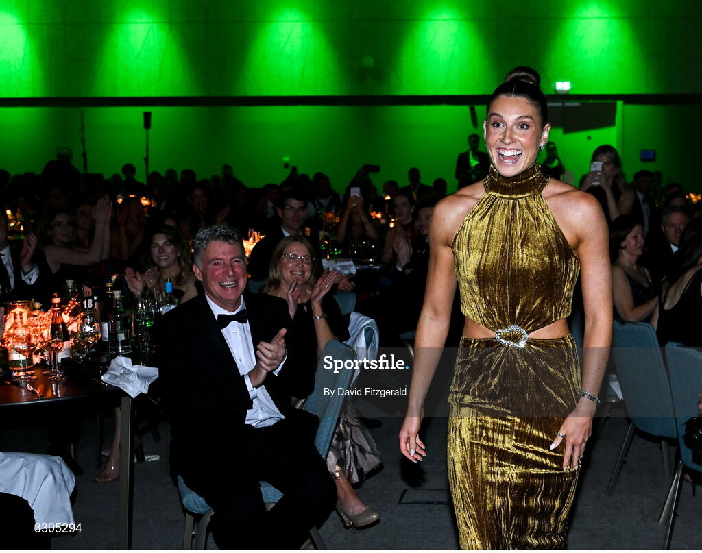 6 December 2025; World Silver Medallist in Heptathlon Kate O'Connor on her way to collecting the Olympic Sporting Moment of the Year Award during the Team Ireland Olympic Sport Awards 2025 at The Royal Convention Centre in Dublin. Photo by David Fitzgerald/Sportsfile