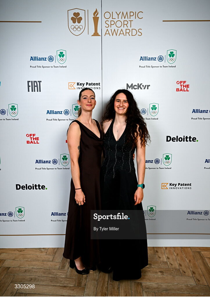 6 December 2025; Genie Coughran, left, with canoer Cleo Pitcher Farrell during the Team Ireland Olympic Sport Awards 2025 at The Royal Convention Centre in Dublin. Photo by Tyler Miller/Sportsfile