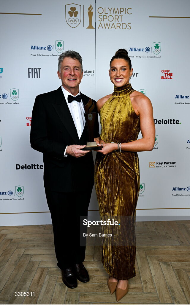 6 December 2025; World Silver Medallist in Heptathlon Kate O'Connor and her father and coach Michael O'Connor pictured with their Olympic Sporting Moment of the Year Award, Sponsored by Fiat, during the Team Ireland Olympic Sport Awards 2025 at The Royal Convention Centre in Dublin. Photo by Sam Barnes/Sportsfile