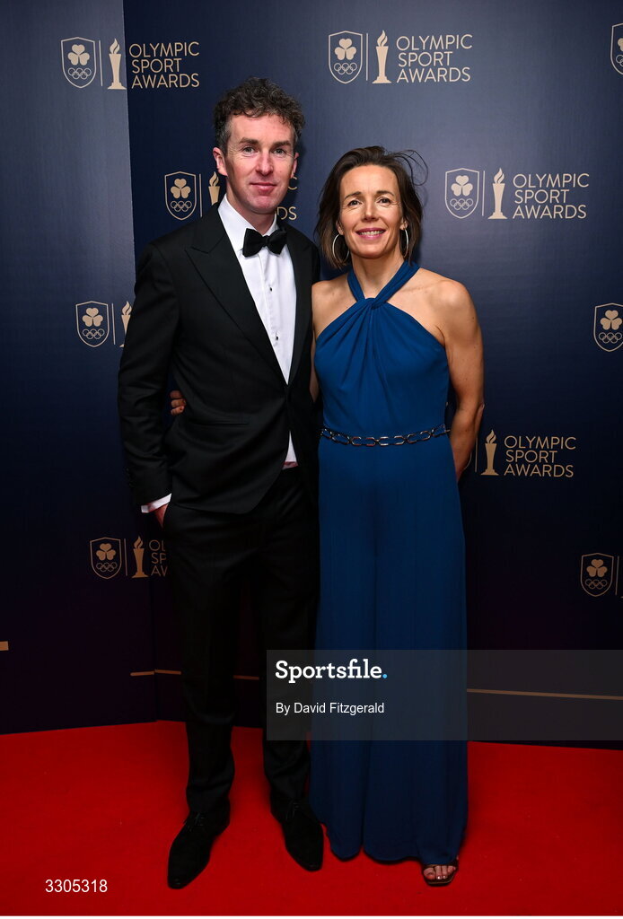 6 December 2025; Tarja Owens and Niall Davis during the Team Ireland Olympic Sport Awards 2025 at The Royal Convention Centre in Dublin. Photo by David Fitzgerald/Sportsfile