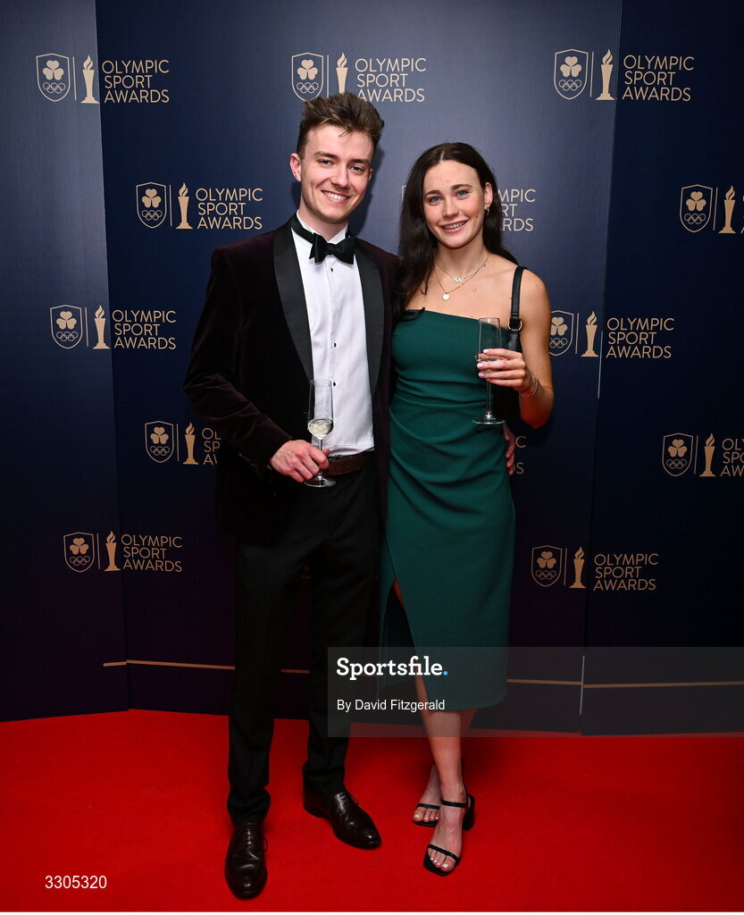 6 December 2025; Olympian Erin Riordan and Rufus Mills during the Team Ireland Olympic Sport Awards 2025 at The Royal Convention Centre in Dublin. Photo by David Fitzgerald/Sportsfile