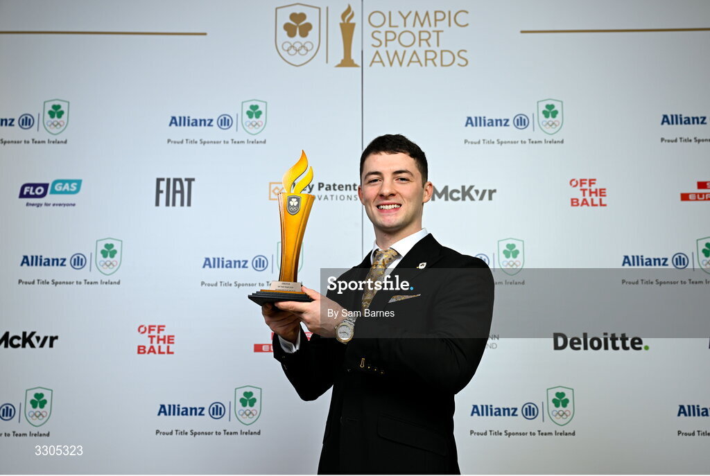 6 December 2025; Olympic Champion in Gymnastics Rhys McClenaghan pictured with his the Creator of the Year Award, sponsored by McKeever Sports, during the Team Ireland Olympic Sport Awards 2025 at The Royal Convention Centre in Dublin. Photo by Sam Barnes/Sportsfile
