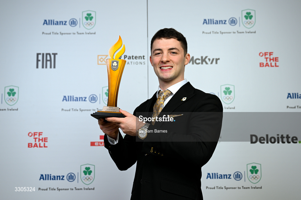 6 December 2025; Gymnast Rhys McClenaghan pictured with the Creator of the Year Award, sponsored by McKeever Sports, during the Team Ireland Olympic Sport Awards 2025 at The Royal Convention Centre in Dublin. Photo by Sam Barnes/Sportsfile