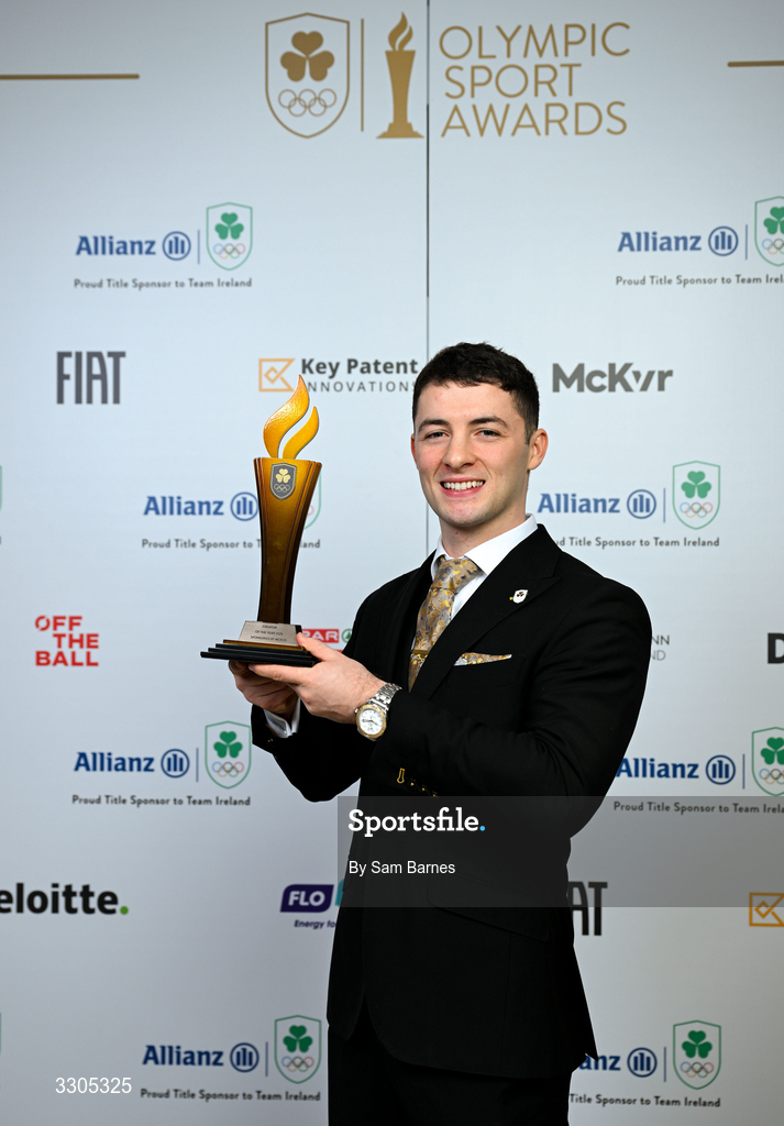 6 December 2025; Gymnast Rhys McClenaghan pictured with the Creator of the Year Award, sponsored by McKeever Sports, during the Team Ireland Olympic Sport Awards 2025 at The Royal Convention Centre in Dublin. Photo by Sam Barnes/Sportsfile