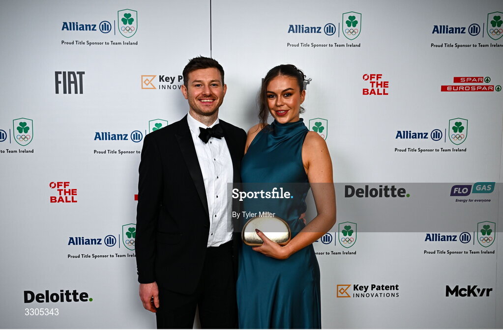 6 December 2025; Irish rower Eimear Lambe with Conor Gaston during the Team Ireland Olympic Sport Awards 2025 at The Royal Convention Centre in Dublin. Photo by Tyler Miller/Sportsfile