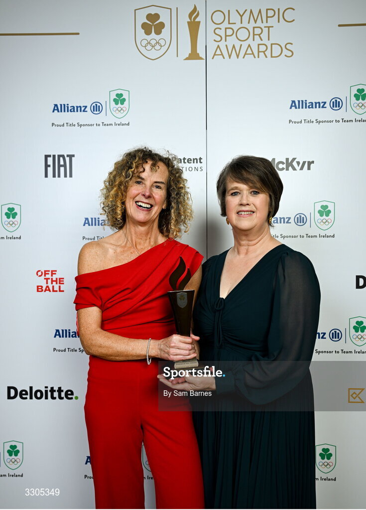 6 December 2025; Inbhear Dee Athletics Club’s Eithne Walsh, left, & Anne-Marie Kelly are pictured with their Community Impact Award, sponsored by SPAR/EUROSPAR, during the Team Ireland Olympic Sport Awards 2025 at The Royal Convention Centre in Dublin. Photo by Sam Barnes/Sportsfile