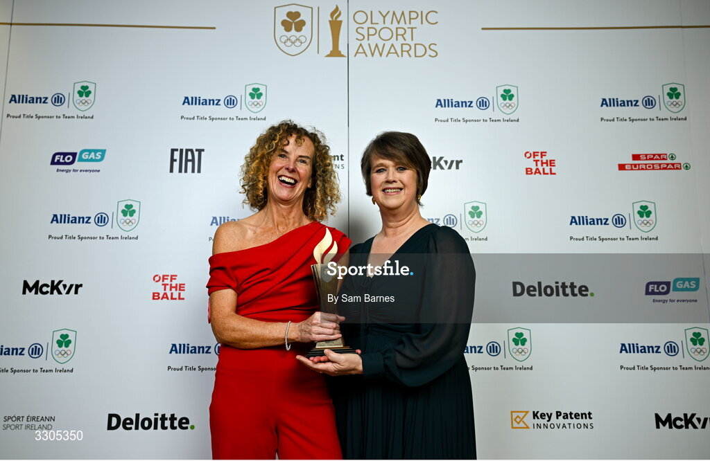 6 December 2025; Inbhear Dee Athletics Club’s Eithne Walsh, left, & Anne-Marie Kelly are pictured with their Community Impact Award, sponsored by SPAR/EUROSPAR, during the Team Ireland Olympic Sport Awards 2025 at The Royal Convention Centre in Dublin. Photo by Sam Barnes/Sportsfile
