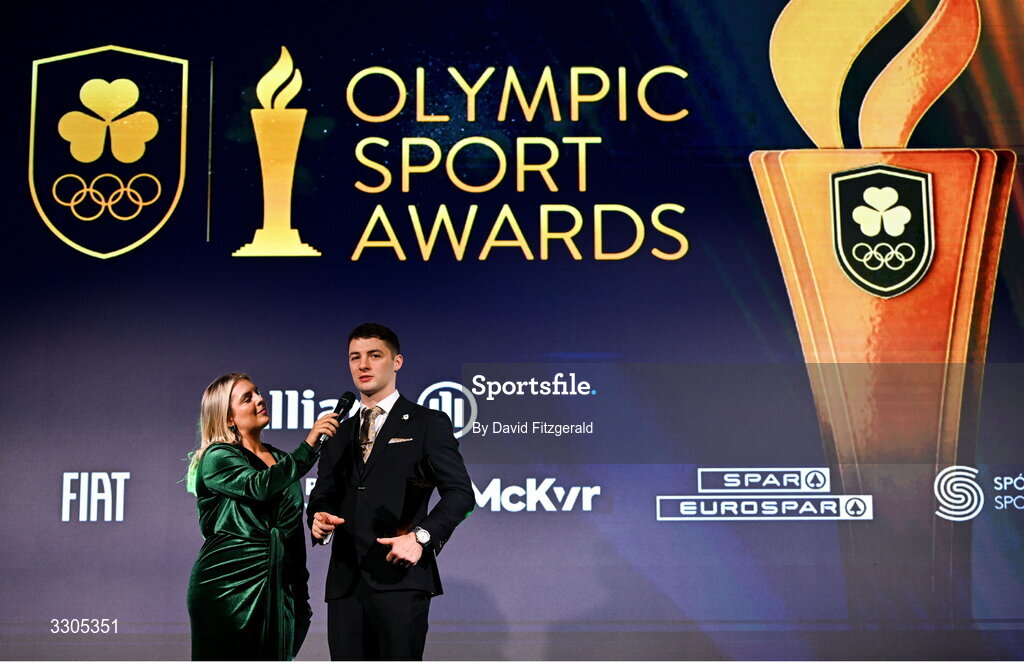 6 December 2025; Olympic Champion in Gymnastics, Rhys McClenaghan, is interviewed by MC Valerie Wheeler during the Team Ireland Olympic Sport Awards 2025 at The Royal Convention Centre in Dublin. Photo by David Fitzgerald/Sportsfile