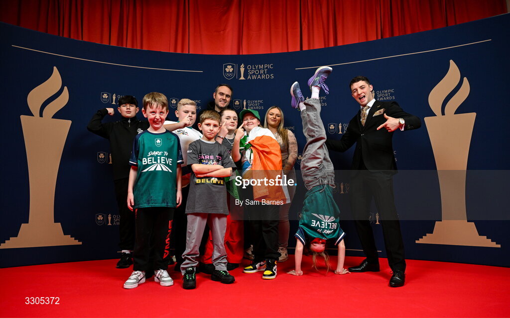 6 December 2025; Olympic Champion in Gymnastics and nominee for Creator of the Year, sponsored by McKeever Sports and Community Impact Award, sponsored by SPAR/EUROSPAR , Rhys McClenaghan, with Kabin crew during the Team Ireland Olympic Sport Awards 2025 at The Royal Convention Centre in Dublin. Photo by Sam Barnes/Sportsfile