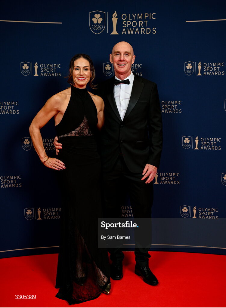 6 December 2025; Cycling Ireland Head Coach and nominee for High Performance Programme of the Year, sponsored by Deloitte, Neill Delahaye, and Paralympian Eve McCrystal during the Team Ireland Olympic Sport Awards 2025 at The Royal Convention Centre in Dublin. Photo by Sam Barnes/Sportsfile