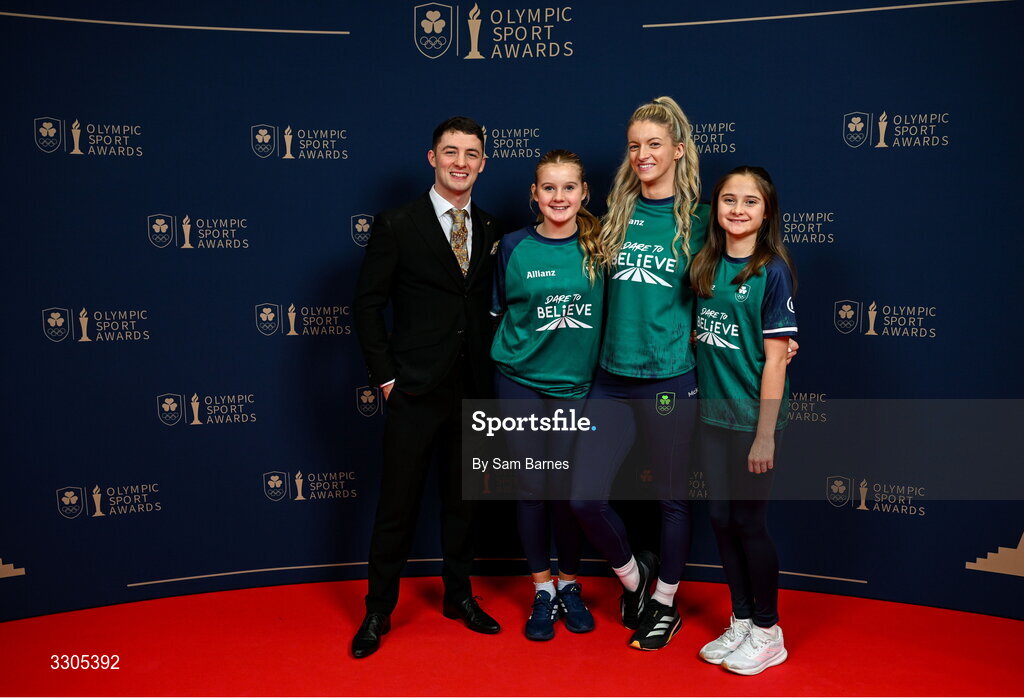 6 December 2025; Olympic Champion in Gymnastics and nominee for Creator of the Year, sponsored by McKeever Sports and Community Impact Award, sponsored by SPAR/EUROSPAR , Rhys McClenaghan, with Freya Fitzpatrick, Ali Barnes and Ellie McEvoy  during the Team Ireland Olympic Sport Awards 2025 at The Royal Convention Centre in Dublin. Photo by Sam Barnes/Sportsfile