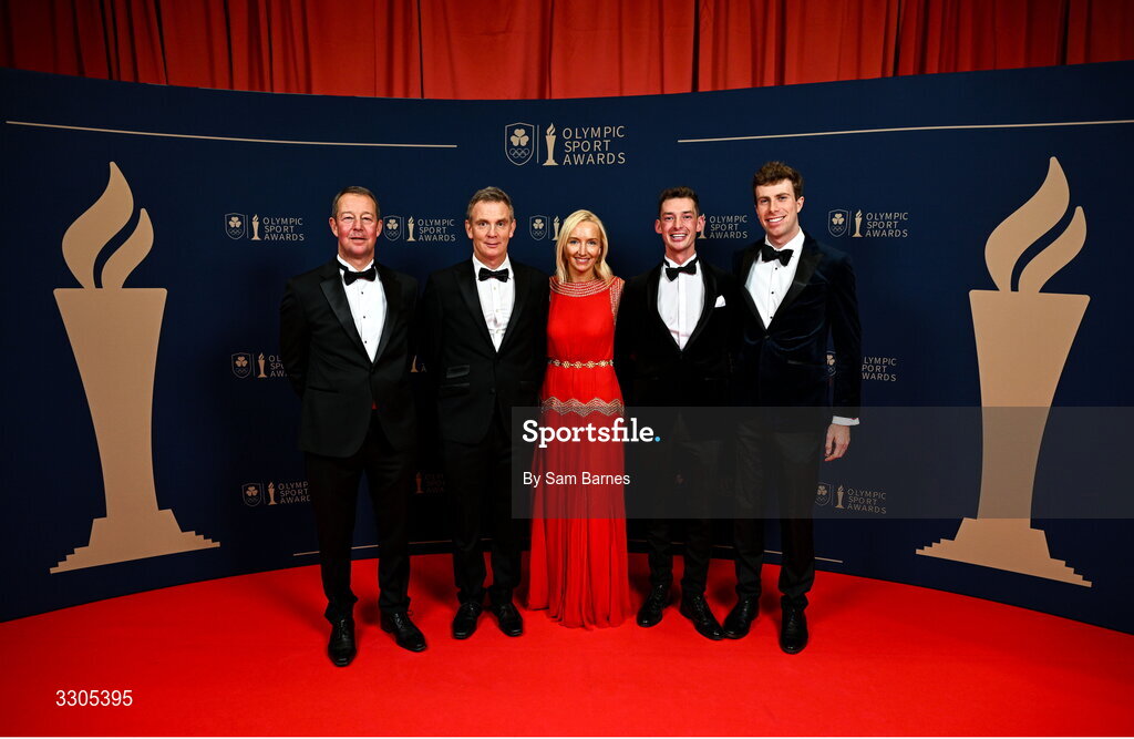 6 December 2025; PD Horse Sport Ireland eventing team Dag Albert, far left, with the Eventing Team members and nominees for Team of the Year, sponsored by Flogas, from left, Padraig McCarthy, Aoife Clark, Ian Cassells and Robbie Kearns during the Team Ireland Olympic Sport Awards 2025 at The Royal Convention Centre in Dublin. Photo by Sam Barnes/Sportsfile