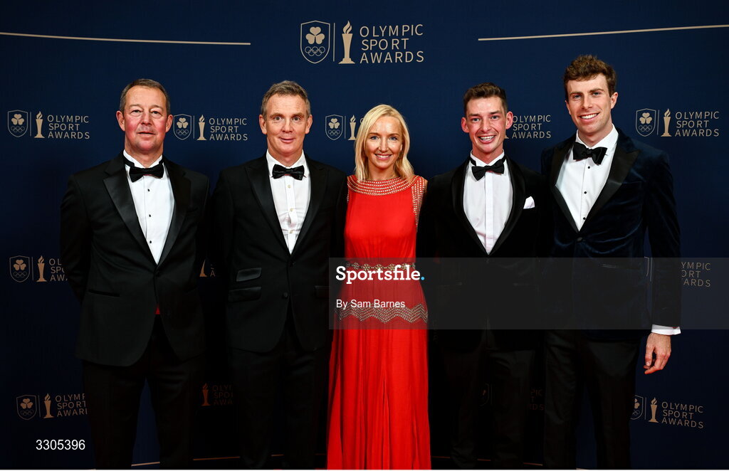 6 December 2025; PD Horse Sport Ireland eventing team Dag Albert, far left, with the Eventing Team members and nominees for Team of the Year, sponsored by Flogas, from left, Padraig McCarthy, Aoife Clark, Ian Cassells and Robbie Kearns during the Team Ireland Olympic Sport Awards 2025 at The Royal Convention Centre in Dublin. Photo by Sam Barnes/Sportsfile