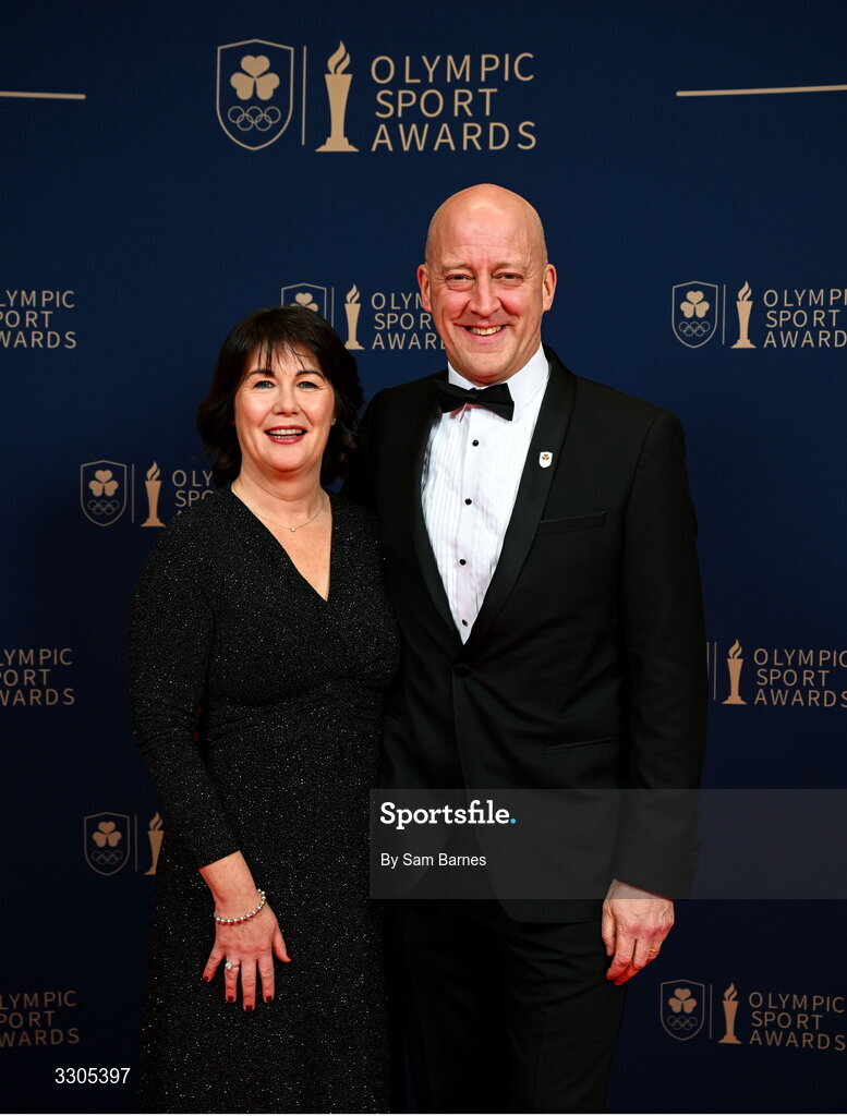 6 December 2025; President of the Olympic Federation of Ireland, Lochlann Walsh, right, with his wife Liz during the Team Ireland Olympic Sport Awards 2025 at The Royal Convention Centre in Dublin. Photo by Sam Barnes/Sportsfile