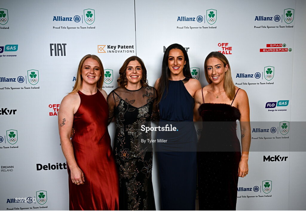6 December 2025; Ireland hockey players Ayeisha McFerran, Katie Mullan, Hannah McLoughlin and Sarah Hawkshaw during the Team Ireland Olympic Sport Awards 2025 at The Royal Convention Centre in Dublin. Photo by Tyler Miller/Sportsfile