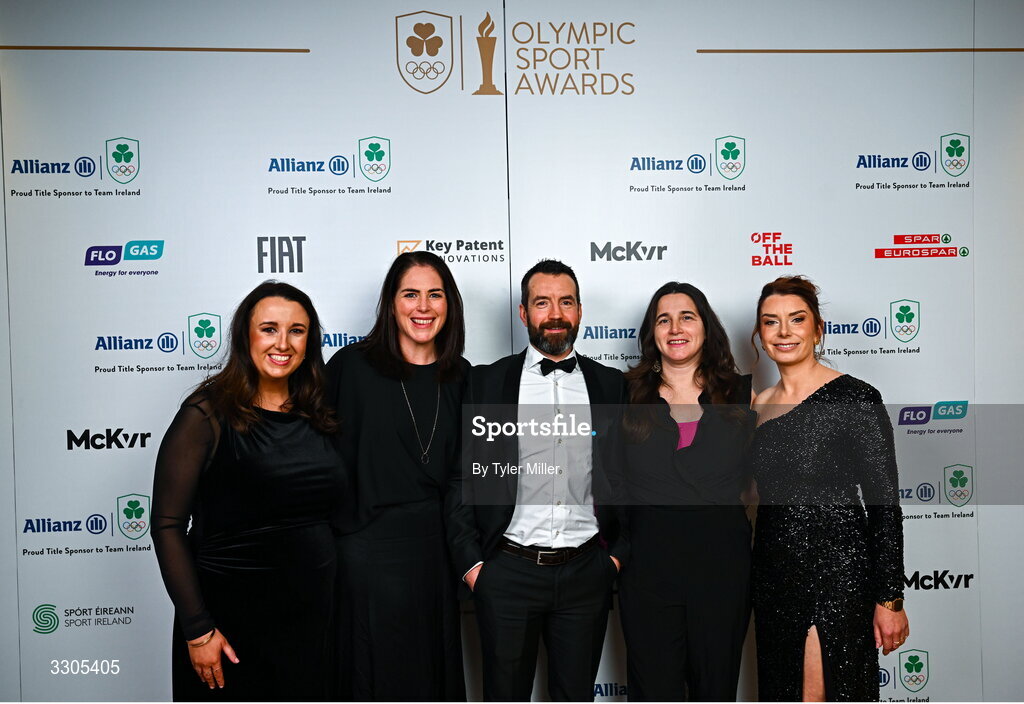 6 December 2025; Attendees from left, Gill Brosnan, Nora Stapleton, Benny Cullen, Gearóidín Ní Thaibhís and Cólleen Devine during the Team Ireland Olympic Sport Awards 2025 at The Royal Convention Centre in Dublin. Photo by Tyler Miller/Sportsfile