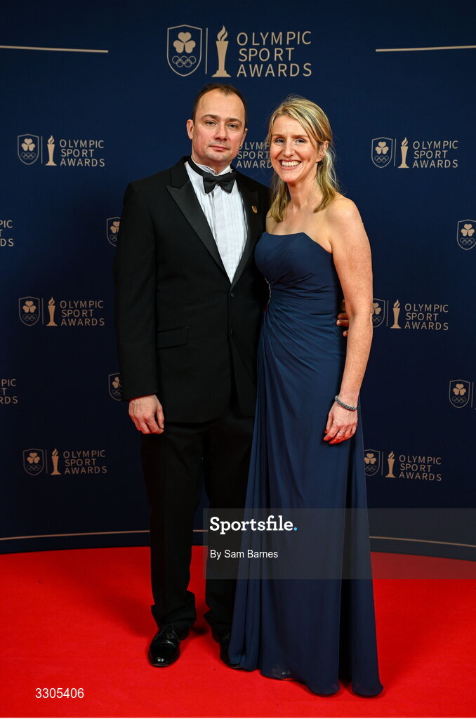 6 December 2025; George Gercsi and Managing Director of Key Patent Innovations Angela Quinlan during the Team Ireland Olympic Sport Awards 2025 at The Royal Convention Centre in Dublin. Photo by Sam Barnes/Sportsfile