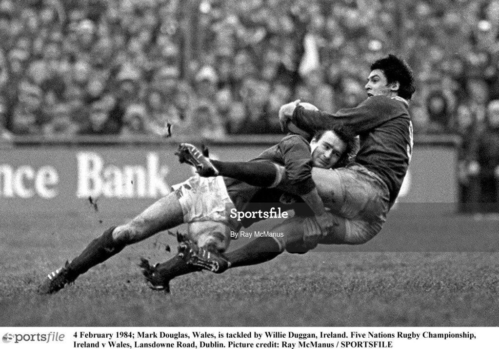 4 February 1984; Mark Douglas, Wales, is tackled by Willie Duggan, Ireland. Five Nations Rugby Championship, Ireland v Wales, Lansdowne Road, Dublin. Picture credit: Ray McManus / SPORTSFILE