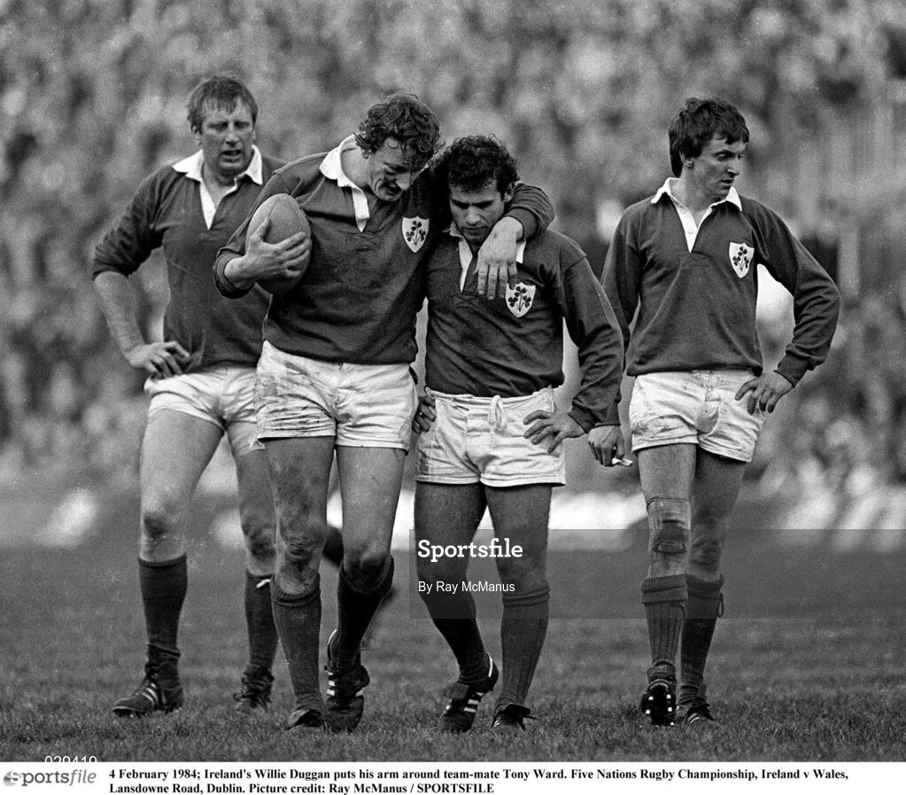 4 February 1984; Ireland's Willie Duggan puts his arm around team-mate Tony Ward. Five Nations Rugby Championship, Ireland v Wales, Lansdowne Road, Dublin. Picture credit: Ray McManus / SPORTSFILE