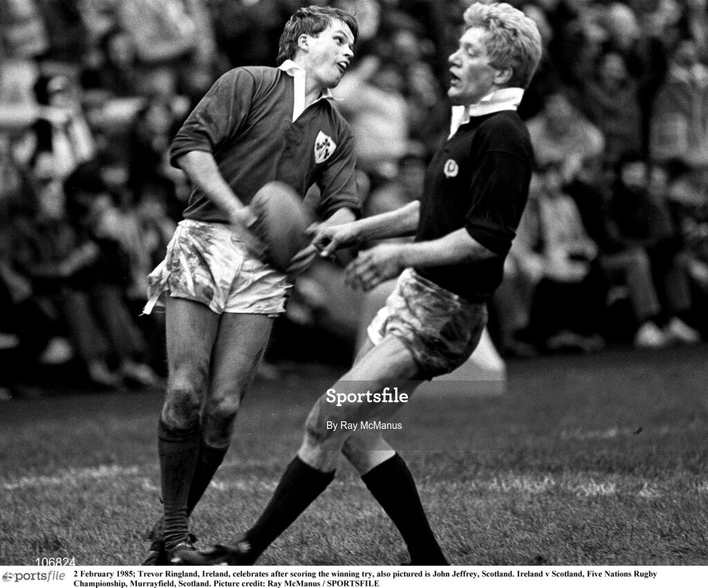 2 February 1985; Trevor Ringland of Ireland celebrates after scoring the winning try during the Five Nations Championship match between Scotland and Ireland at Murrayfield in Edinburgh, Scotland. Photo by Ray McManus/Sportsfile