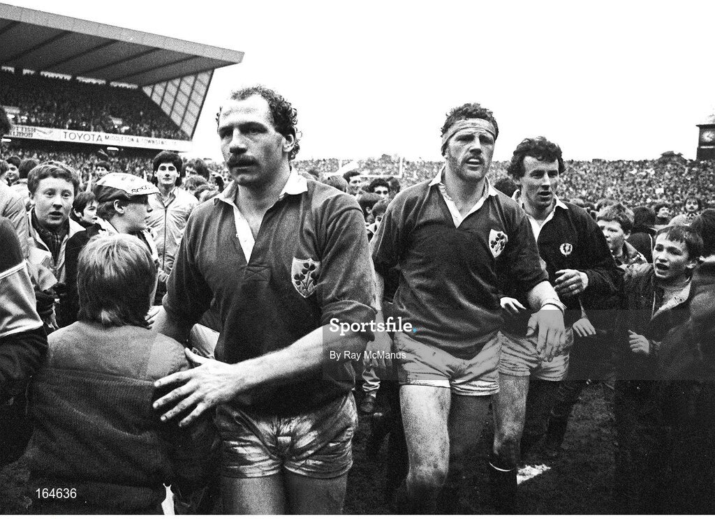 2 February 1985; Nigel Carr, left, and Philip Matthews of Ireland after the Five Nations Championship match between Scotland and Ireland at Murrayfield in Edinburgh, Scotland. Photo by Ray McManus/Sportsfile