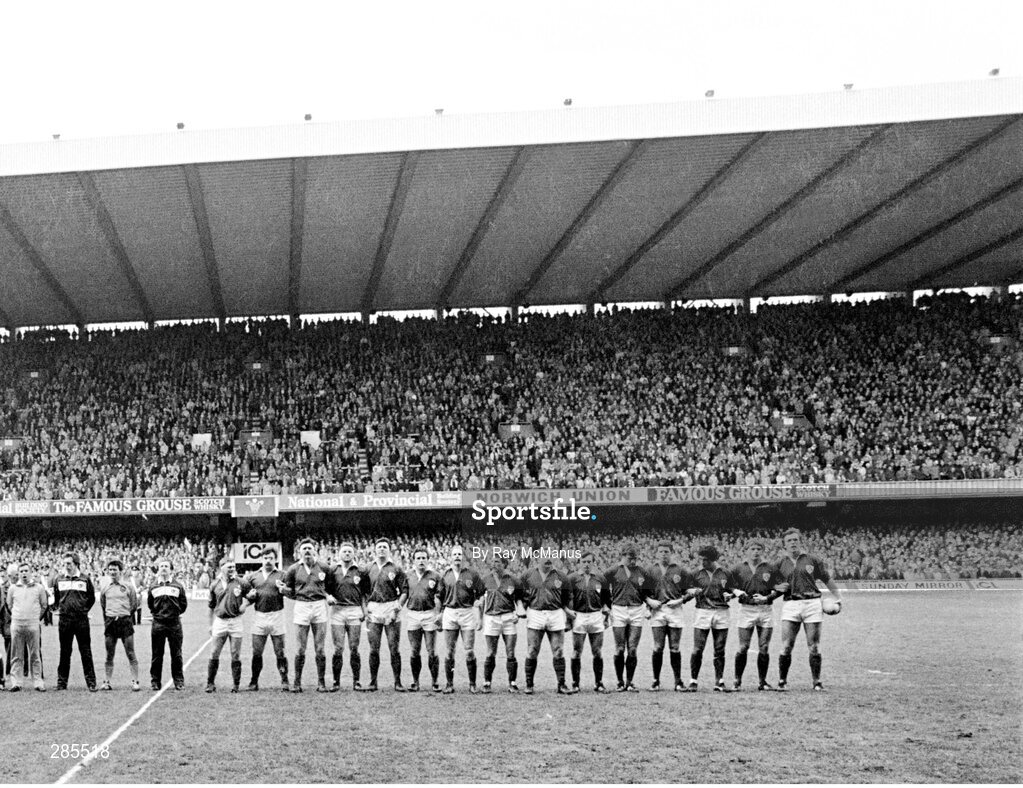 16 March 1985; The Ireland team line up ahead of the national anthems. 5 Nations, Wales v Ireland, Cardiff Arms Park, Cardiff, Wales. Picture credit: Ray McManus / SPORTSFILE