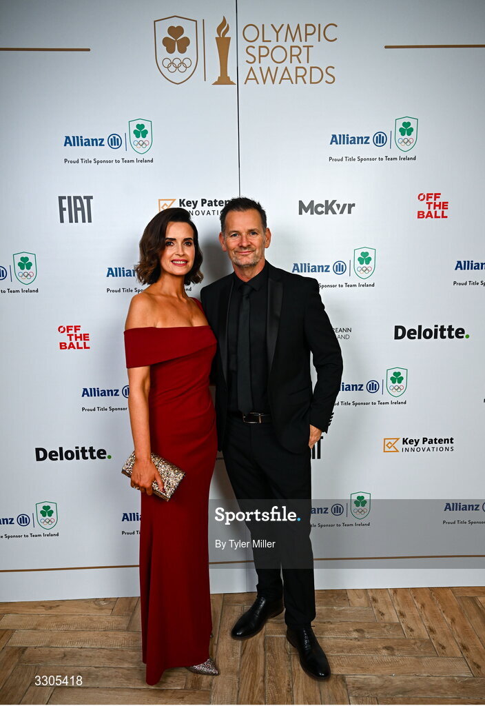 6 December 2025; Lisa O'Flaherty, left, and Niall O'Carroll during the Team Ireland Olympic Sport Awards 2025 at The Royal Convention Centre in Dublin. Photo by Tyler Miller/Sportsfile