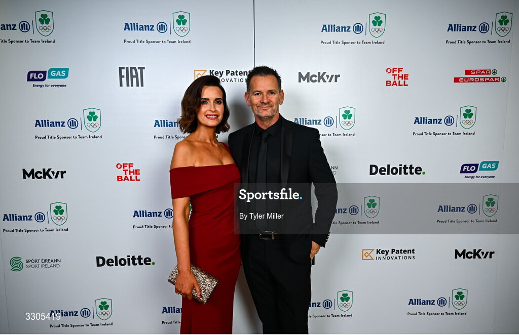 6 December 2025; Lisa O'Flaherty, left, and Niall O'Carroll during the Team Ireland Olympic Sport Awards 2025 at The Royal Convention Centre in Dublin. Photo by Tyler Miller/Sportsfile