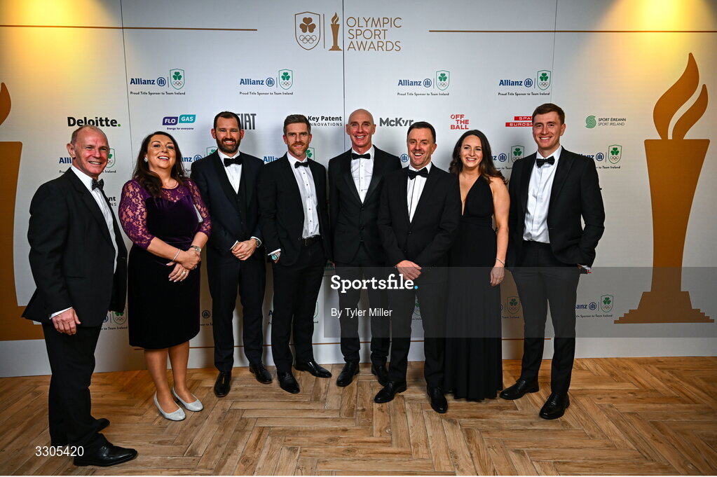 6 December 2025; Guests, from left, Cycling Ireland Sport and Operations Director Paul Watson, Cycling Ireland Secretary Myra  McGlynn, Cycling Ireland director Gary McIlroy, Cycling Ireland High Performance Pathway Coach Martyn Irvine, Cycling Ireland head coach Neill Delahaye, Cycling Ireland Chief Executive Officer James Quilligan, Cycling Ireland Marketing and Communications Coordinator Jennifer Bonham and Cycling Ireland Marketing and Communications Officer Eoin Smith during the Team Ireland Olympic Sport Awards 2025 at The Royal Convention Centre in Dublin. Photo by Tyler Miller/Sportsfile