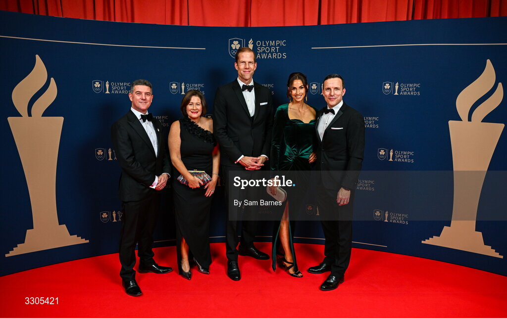 6 December 2025; Geoff Sparling, Sheila Sparling, Chief Executive of Allianz Ireland, Phillip Gronemeyer, Kate Brennan and Mark Brennan during the Team Ireland Olympic Sport Awards 2025 at The Royal Convention Centre in Dublin. Photo by Sam Barnes/Sportsfile