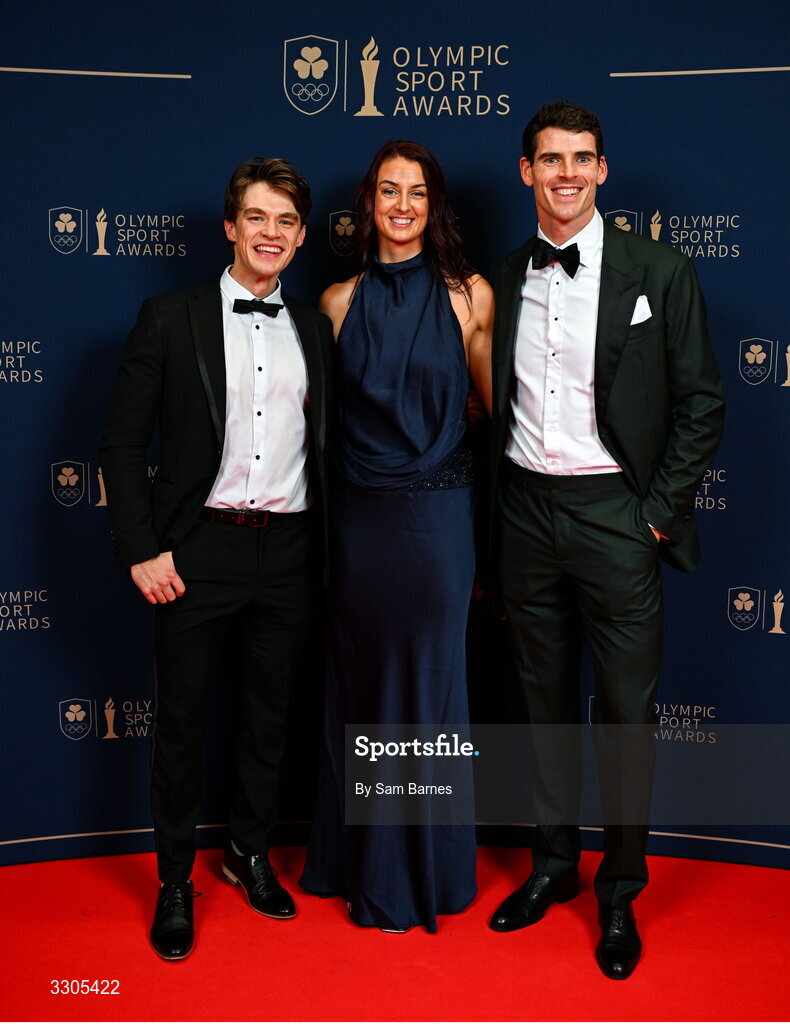 6 December 2025; World Bronze Medallist in Rowing and nominee for Male Athlete of the Year, sponsored by Allianz, and Team of the Year, sponsored by Flogas, Fintan McCarthy, World Champion in Rowing and nominee for Female Athlete of the Year, sponsored by Allianz, Fiona Murtagh, and World Bronze Medallist in Rowing and nominee for Team of the Year, sponsored by Flogas, Philip Doyle, during the Team Ireland Olympic Sport Awards 2025 at The Royal Convention Centre in Dublin. Photo by Sam Barnes/Sportsfile