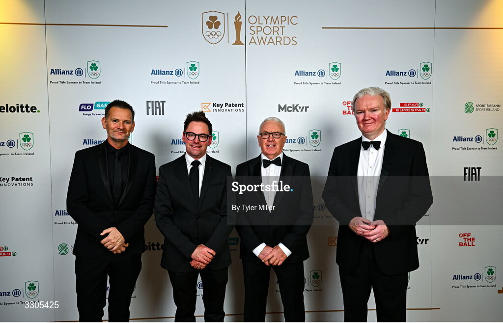 6 December 2025; Rowing Ireland Head of High Performance Niall O'Carroll, Rowing Ireland Head of Governance and Planning Matt McKerrow, Rowing Ireland High Performance Lead Coach Dominic Casey and Rowing Ireland chair Barry McWilliams during the Team Ireland Olympic Sport Awards 2025 at The Royal Convention Centre in Dublin. Photo by Tyler Miller/Sportsfile