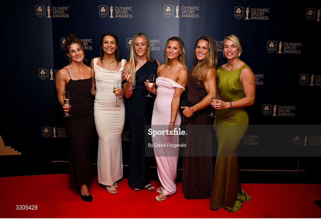 6 December 2025; Women's Rugby 7s Olympians, from left, Emily Lane, Erin King, Stacey Flood, Megan Burns, Beibhinn Parsons, Kathy Baker during the Team Ireland Olympic Sport Awards 2025 at The Royal Convention Centre in Dublin. Photo by David Fitzgerald/Sportsfile