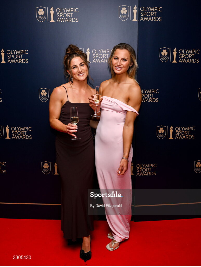 6 December 2025; Women's Rugby 7s Olympians Emily Lane and Megan Burns during the Team Ireland Olympic Sport Awards 2025 at The Royal Convention Centre in Dublin. Photo by David Fitzgerald/Sportsfile