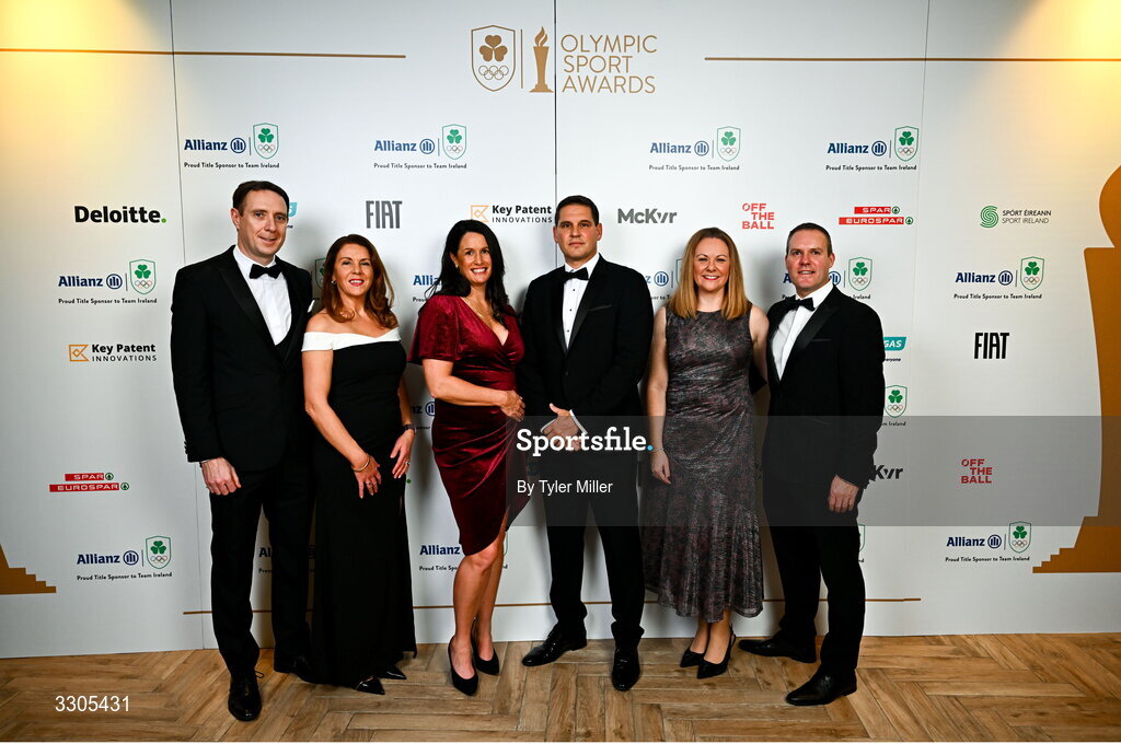 6 December 2025; Guests, from left, Olympian Tomás Coman, Juliet Coman, Olympian Emily Maher, Federico Quaglia, Olympian Ciara Sheehy and Keith McCarthy during the Team Ireland Olympic Sport Awards 2025 at The Royal Convention Centre in Dublin. Photo by Tyler Miller/Sportsfile