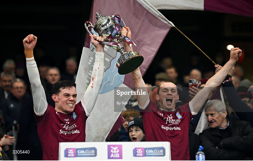 6 December 2025; St Martin's players Philip Dempsey, left, and Paddy O’Connor lift the O'Neill Cup after their side's victory in the AIB Leinster GAA Hurling Senior Club Championship final match between St Martin's of Wexford and Shamrocks Ballyhale of Kilkenny at Croke Park in Dublin. Photo by Seb Daly/Sportsfile