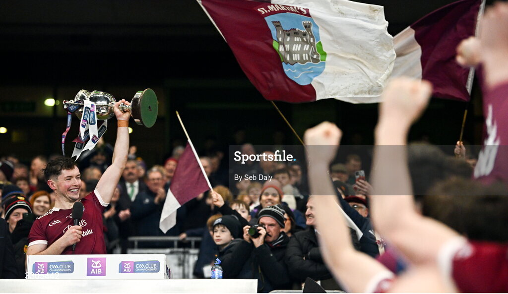 6 December 2025; St Martin's captain Conor Firman lifts the O'Neill Cup after his side's victory in the AIB Leinster GAA Hurling Senior Club Championship final match between St Martin's of Wexford and Shamrocks Ballyhale of Kilkenny at Croke Park in Dublin. Photo by Seb Daly/Sportsfile